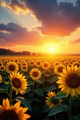 Fototapeta premium Massive sunflower field ablaze with sunset hues , light, imagery, amazing