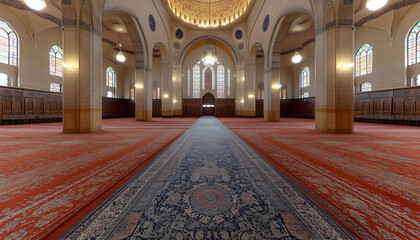 Obraz premium Majestic interior of a mosque, showcasing intricate architecture, stained glass windows, and richly patterned carpets. A serene and spiritual atmosphere is evident.