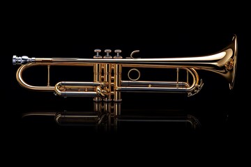 Naklejka premium A Polished Gold Trumpet Reflects On Black