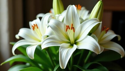 Obraz premium Stunning white lily funeral arrangement Perfect for remembrance , expression of sympathy, rest in peace, funeral