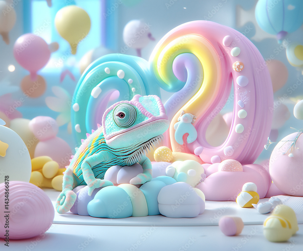Poster curious chameleon looking at the number 20 changing into different colors