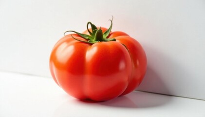 Vibrant red heirloom tomato, smooth skin, white backdrop, natural, produce