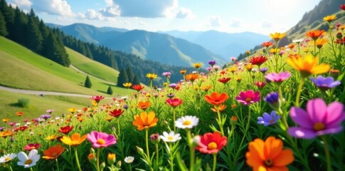 Vibrant wildflowers carpet hillsides, diverse blooms in full sun, flowers, meadow, nature photography