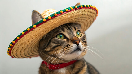 Adorable Tabby Cat Wearing a Colorful Mexican Sombrero Hat, Festive Pet Portrait, Fiesta Theme
