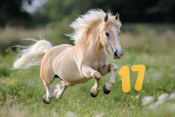Obraz premium excited horse jumping over the number 17, bright green field background, fun and energetic