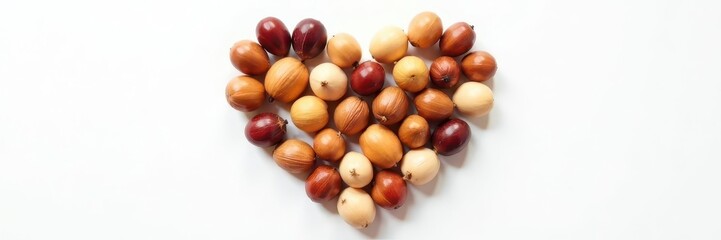 Obraz premium Heart-shaped arrangement of various nuts on white , macro, valentine's day