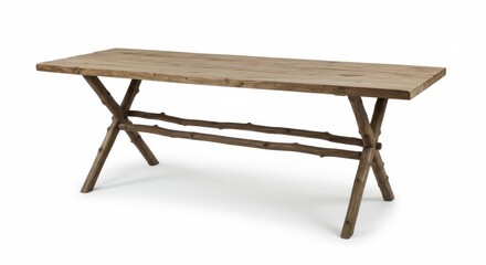 A rustic wooden table with twig legs on a white background in a studio setting for furniture