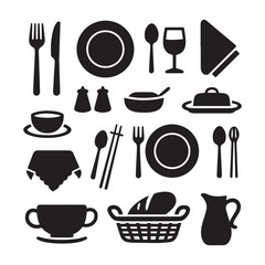 A high-resolution set of 20 dining tools icon silhouettes in pure black, placed on a solid white background.