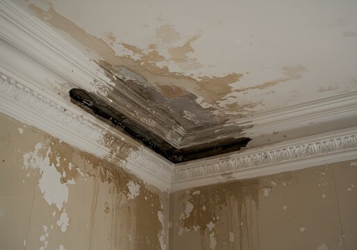 a damaged and stained white ceiling with visible water marks and peeling paint, indicating the need for restoration. a water-damaged ceiling, Water damage repair,	
