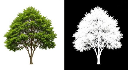 Fototapeta premium Isolated tree with green leaves and a white tree on a black background for masking purposes