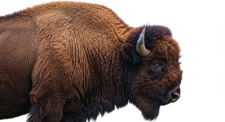 Close up of a bison with brown fur and horns against a plain white background in a side profile view
