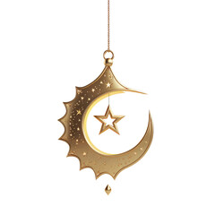 Title: Golden Crescent Moon with Traditional Lantern and Hanging Stars

