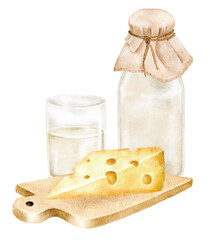 Cheese and milk still life with rustic board on white background. Great for artisan dairy advertising, eco-lifestyle blogs, rustic bakery menus, and culinary postcards