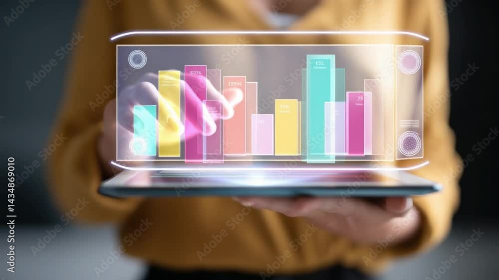 Poster modern data analytics: a person holds a digital tablet displaying a vivid, three-dimensional bar gra