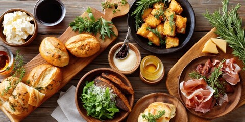 Flatlay of assorted Italian dishes including pasta, bread, antipasti, and wine on wooden table with decorative herbs and cheese