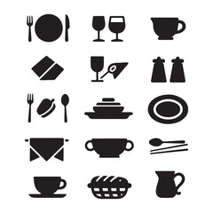A high-resolution set of 20 dining tools icon silhouettes in pure black, placed on a solid white background.