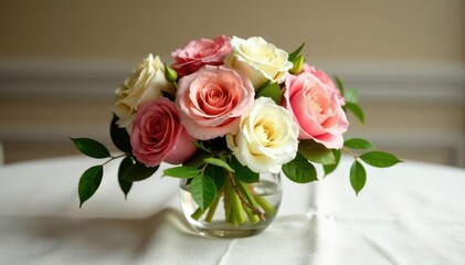 Elegant floral centerpiece, ivory linen tablecloth, summer, romantic