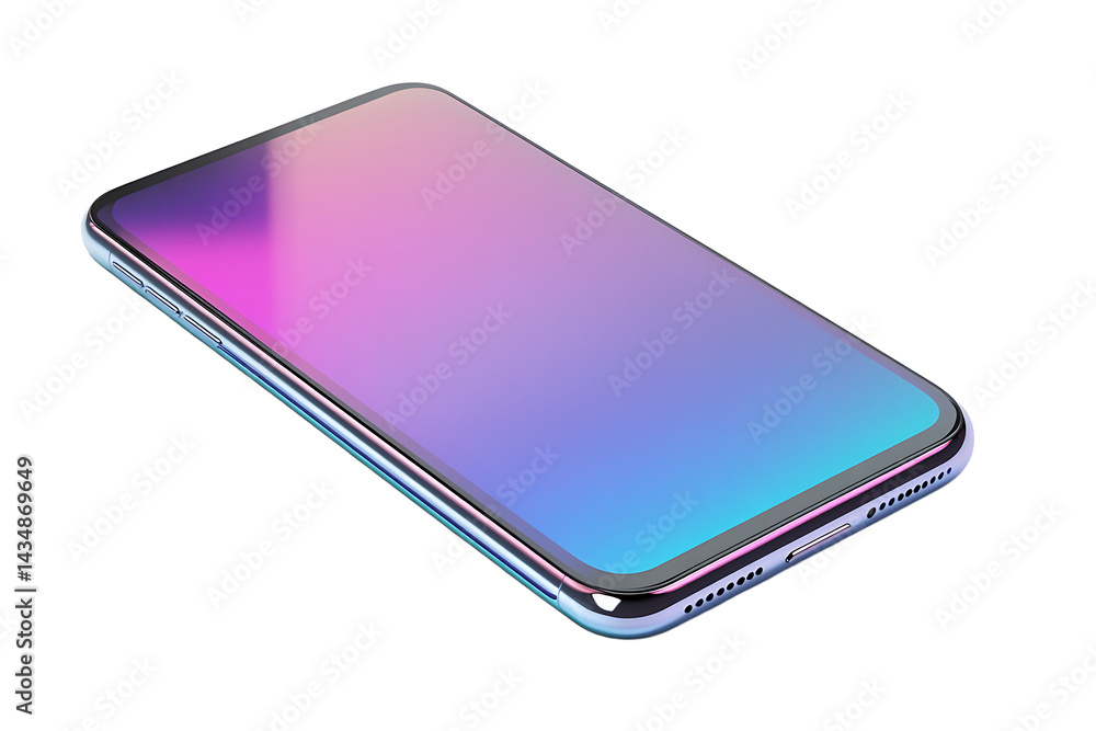 Poster close up view of a smartphone with a gradient screen on a black background in a studio setting