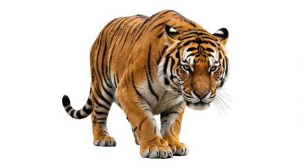 Obraz premium A majestic tiger walking forward with its powerful body on a plain white studio background view