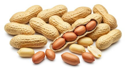 A close up shot of a pile of peanuts with some shelled and some in their shells on a white surface