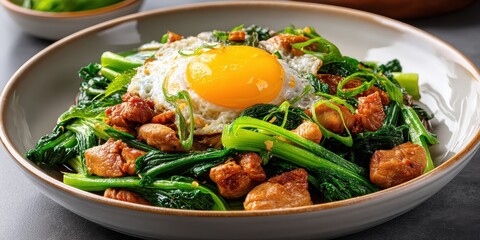A close-up of stir-fried noodles with chicken, Chinese broccoli, and egg on a plate. The colorful vegetables and golden egg add vibrancy to the savory dish, showcasing the flavors of Thai Pad See Ew.