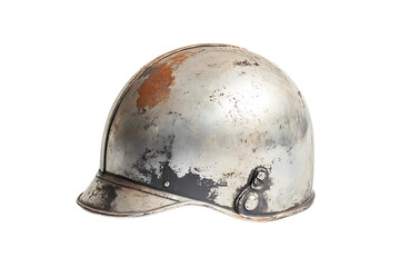Fototapeta premium A tarnished metal helmet with a visor and visible wear and tear against a black background studio shot