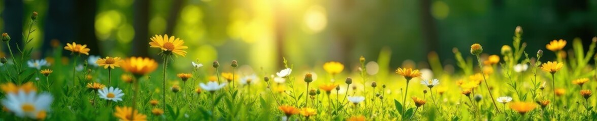 Sunlit meadow wildflowers, lush green forest backdrop,  tranquil,  forest, spring