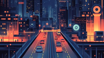 Night City Highway Traffic, Futuristic Skyline