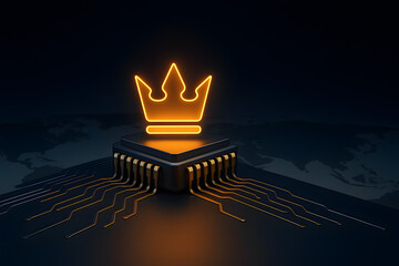Symbolic image of global tech power — glowing microchip shaped like crown on circuit throne