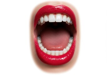 Naklejka premium A close up view of an open mouth with red lipstick and white teeth on a white background