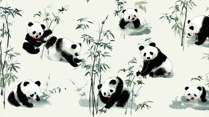 A whimsical pattern of pandas amid stylized bamboo.