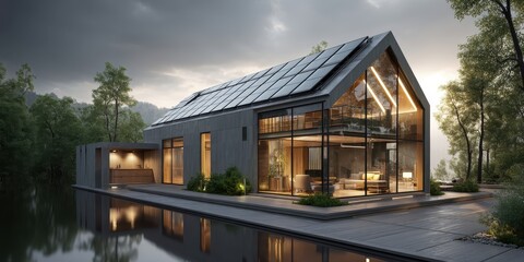Obraz premium A sustainable smart home with zero emissions, featuring solar panels and energy-efficient systems designed for future living.