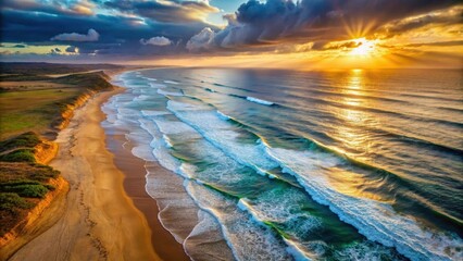 Dramatic aerial view of a sandy beach with waves crashing against the shore at sunset over a vast ocean, landscape, sea,  landscape, sea
