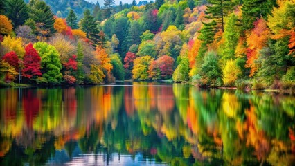 Fototapeta premium A tranquil lake nestled within a dense forest, reflecting the vibrant colors of the surrounding foliage, with a few trees leaning over the water's edge , lakes, forests