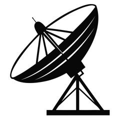A black silhouette of a satellite dish, shown at an angle with the parabolic reflector and supporting stand isolated on transparent background