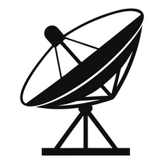 A black silhouette of a satellite dish, shown at an angle with the parabolic reflector and supporting stand isolated on transparent background