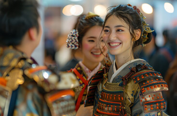 Naklejka premium Women dressed in Samurai and Japanese warrior armor, smiling and enjoying atmosphere at cosplay festival. Outfits honor traditional Japanese culture modern twist to the event.