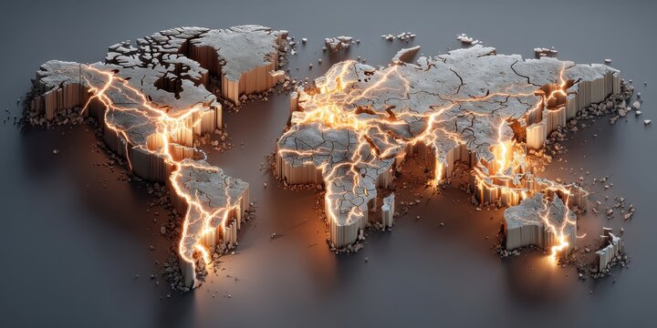 Fiery world map with glowing lava-like cracks labeled tariff, import duty, and 25%, symbolizing global trade tension and rising import taxes