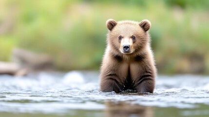Fototapeta premium Adorable brown bear cub wading in a river