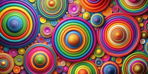 Fototapeta premium Vibrant rainbow hues envelop a mesmerizing swirl of colorful circles overlapping in a dynamic pattern description