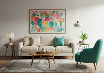 A living room with a beige sofa, a colorful painting, and a teal armchair in a modern setting
