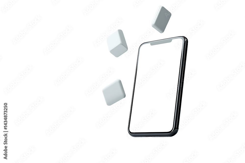 Poster a phone with a black screen surrounded by floating white cubes on a black background space around it