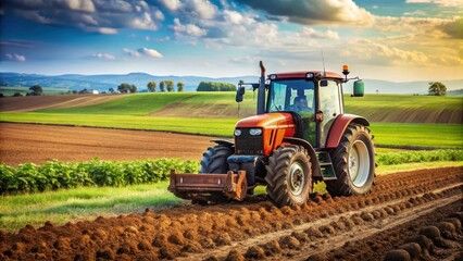 Fototapeta premium A large brown tractor driving on a field with green crops in the background