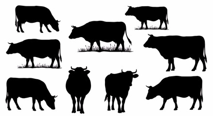 Silhouettes of various cows in different poses, ideal for agricultural designs, branding, logos, or illustrations.  High-quality vector graphics ensure sharp, scalable images perfect for any project. 