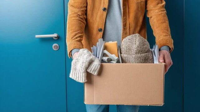 Giving Back: A person standing in front of a teal blue door carrying a cardboard box of winter clothes, embodies the spirit of seasonal giving. The image evokes feelings of warmth and empathy.
