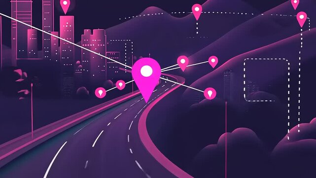 3 d rendering of a city with a glowing neon light, the way through which points to a gps location.