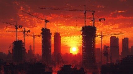 Cityscape sunset construction cranes
