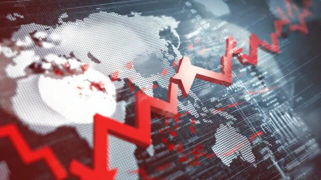 Global Economic Downturn: A visual depiction of economic turmoil with a world map background and a prominent red downward arrow, symbolizing financial crisis and market decline.