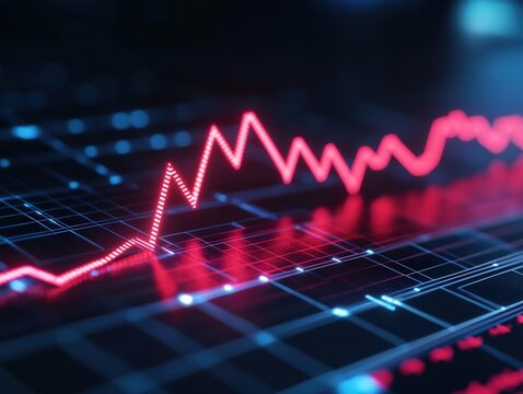 A vibrant digital graph visualizing fluctuating data trends with a striking red line against a dark background.