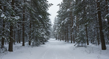 Snowy Path Through Serene Winter Forest: A Tranquil Landscape